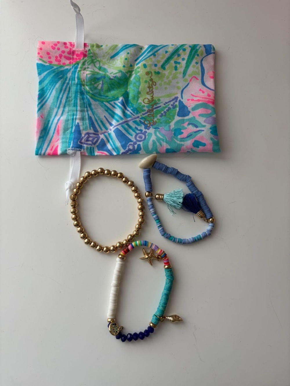 Lilly Pul Multicolor Beaded Bracelet Set with Gold Accent - Blue, Teal & White